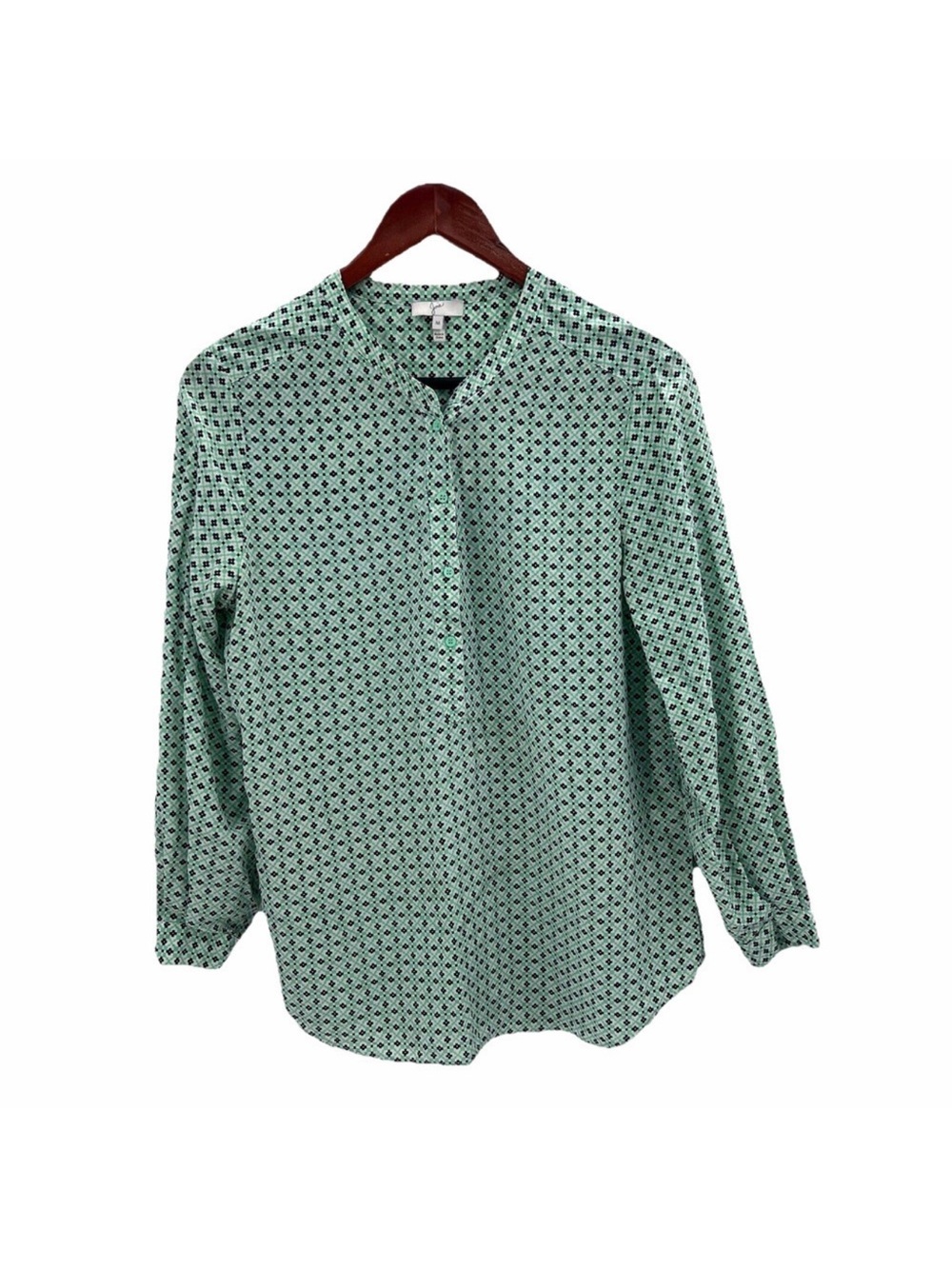 Joie Green Geometric Print Silk Long Sleeve Popover Top Blouse